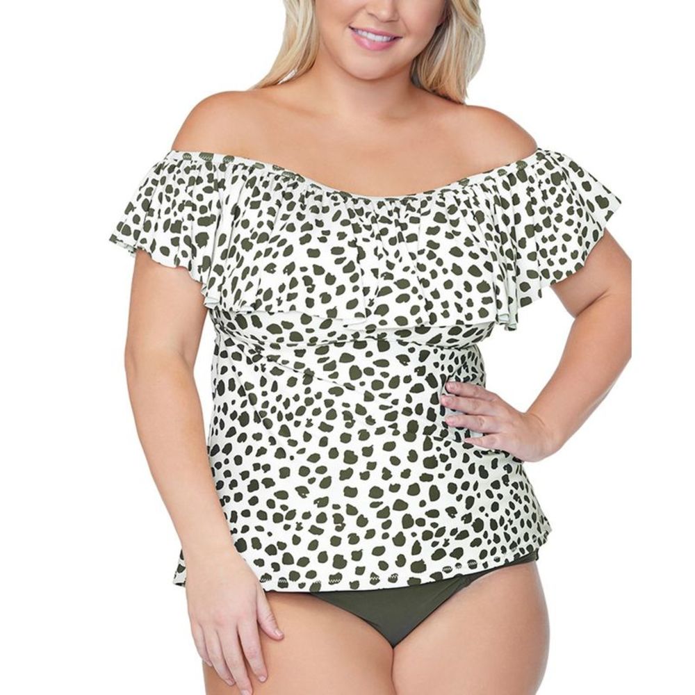 Raisins Curve Womens Trendy Plus Size Toruga Printed Flounce Tankini Top 18W